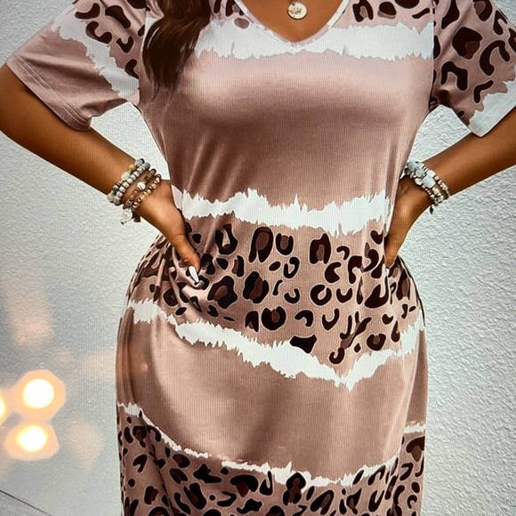 Plus size Leopard Print V-neck Dress Multicolor Rose/Beige/Black - Picture 3 of 3